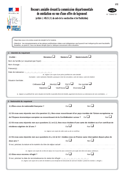 Aperçu Formulaire Cerfa No 13940-01 : Recours amiable devant la commission départementale de médiation en vue d'une offre de logement