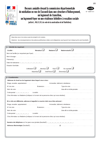 Aperçu Formulaire Cerfa No 13941-01 : Recours amiable devant la commission départementale de médiation en vue de l'accueil dans une structure d'hébergement, un logement de transition, un logement-foyer ou une résidence hôtelière à vocation sociale