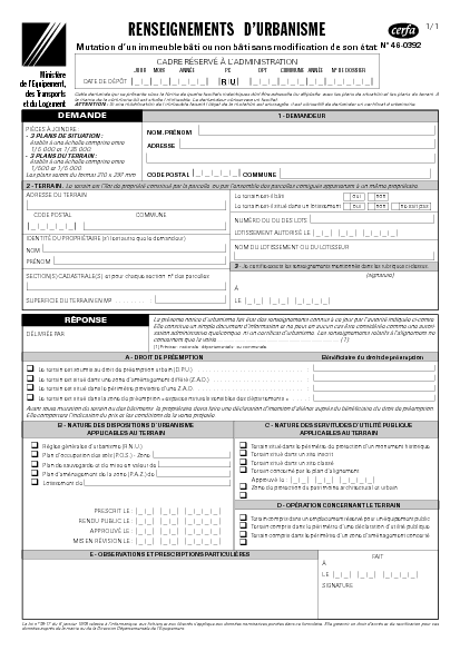 Aperçu Formulaire Cerfa No 46-0392 : Renseignements d'urbanisme (Mutation d'un immeuble bâti ou non bâti sans modification de son état)