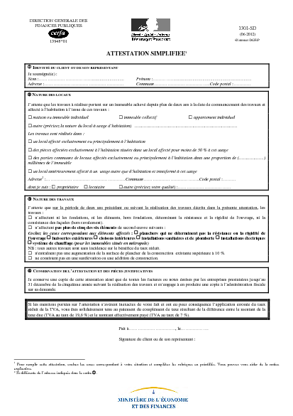 Aperçu Formulaire Cerfa No 13948-03 : Taux de TVA réduit à 7 % pour les travaux dans les logements - Attestation simplifiée