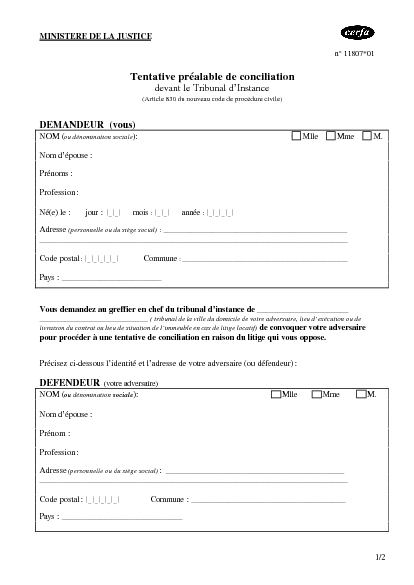 Aperçu Formulaire Cerfa No 11807-02 : Tentative préalable de conciliation devant le tribunal d'instance