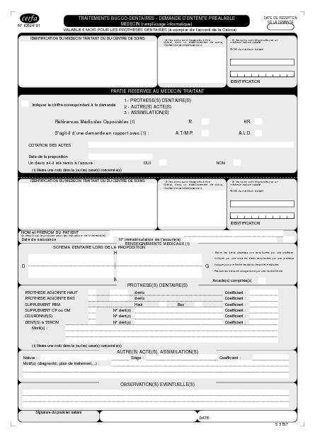 Aperçu Formulaire Cerfa No 10524-01 : Traitements bucco-dentaires - Demande d'entente préalable médecin