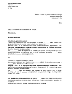 Exemple gratuit de Lettre acceptation, à voyagiste ou 