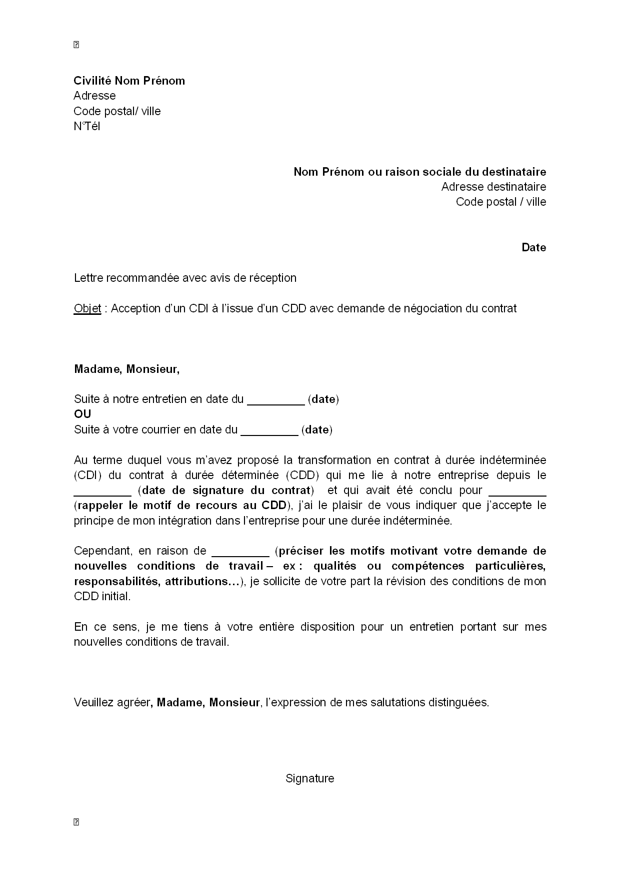 Lettre d'acceptation d'un CDI à l'issue d'un CDD avec 