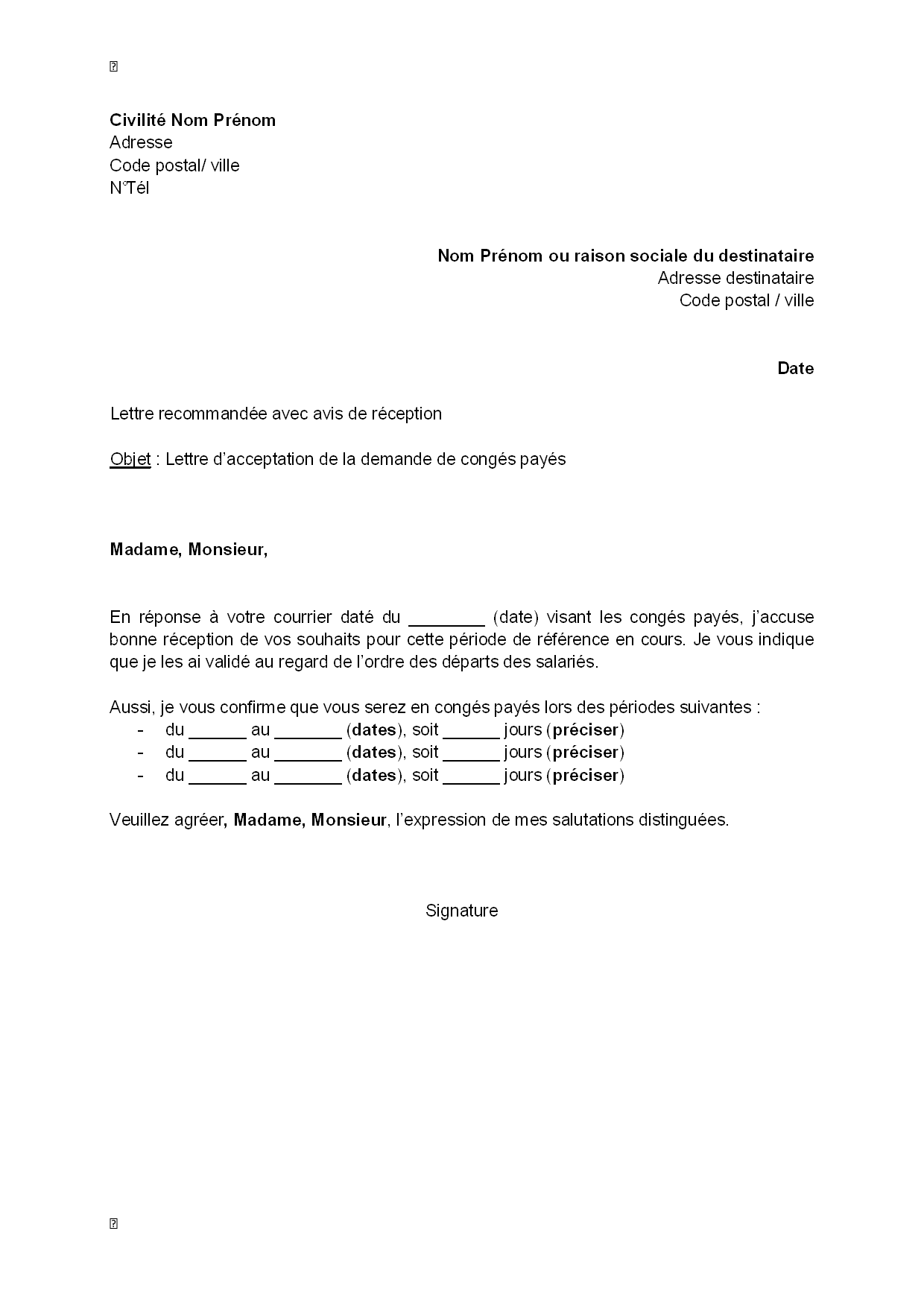 Exemple Gratuit De Lettre Acceptation Employeur Demande Conges Payes