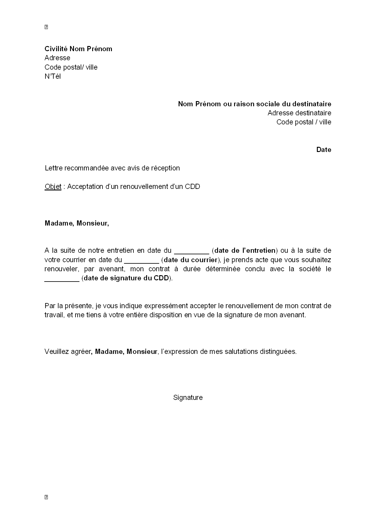 Lettre d'acceptation du renouvellement d'un CDD - modèle 