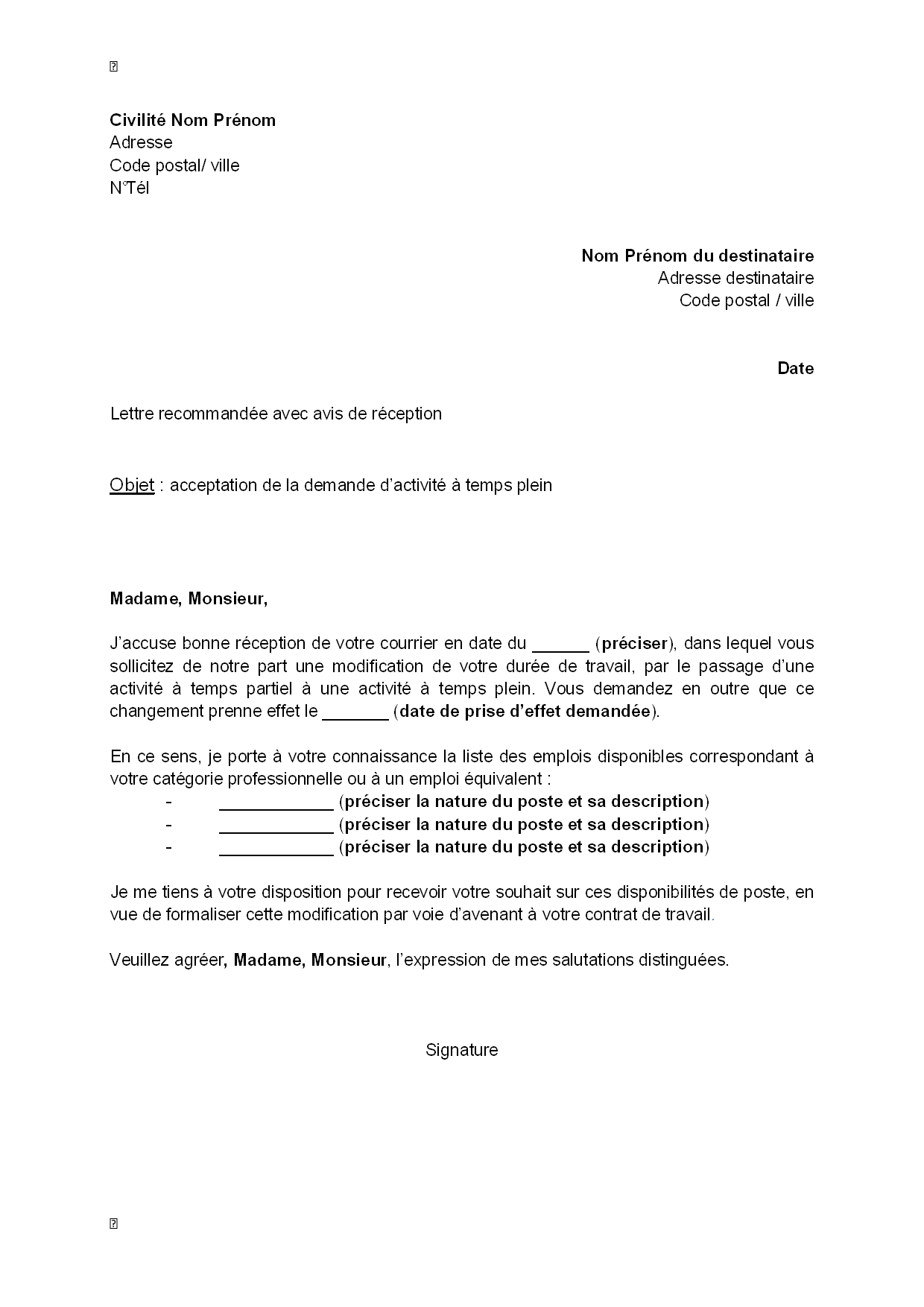 Exemple gratuit de Lettre acceptation, par employeur, demande activité