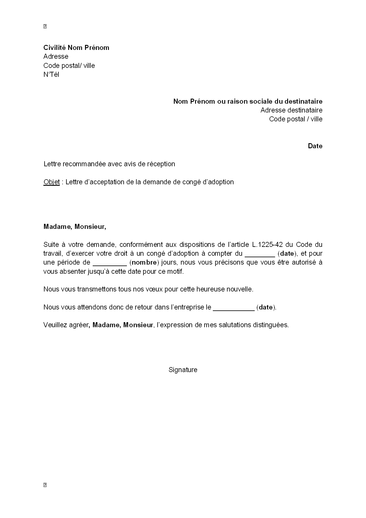 Exemple gratuit de Lettre acceptation, par employeur 