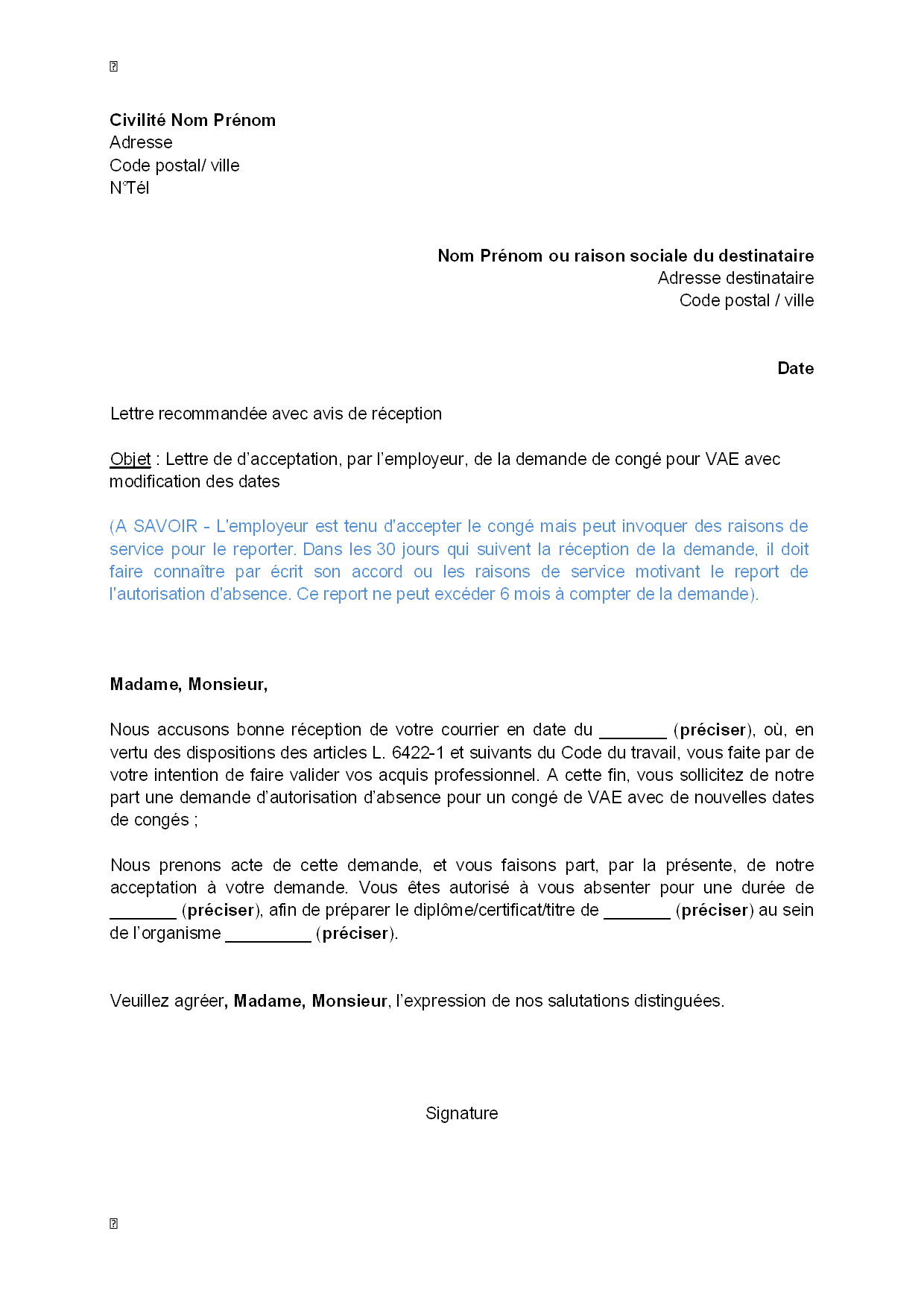 Exemple gratuit de Lettre acceptation, par employeur 