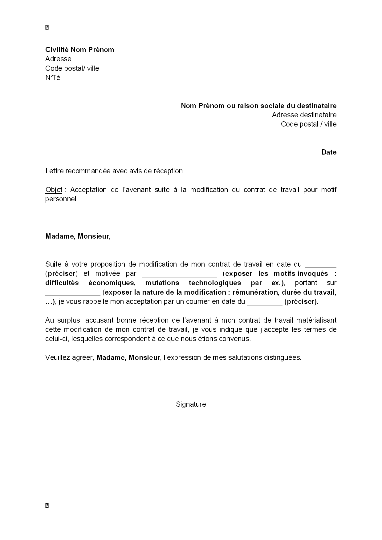 Lettre d'acceptation, par le salarié, de l'avenant suite à 