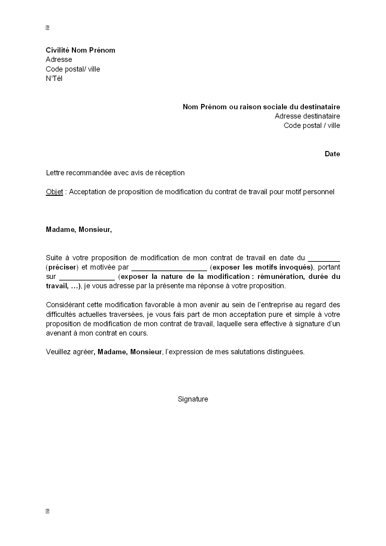 Exemple gratuit de Lettre acceptation, par salarié 