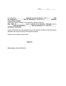 Exemple gratuit de Lettre attestation sur honneur hébergement