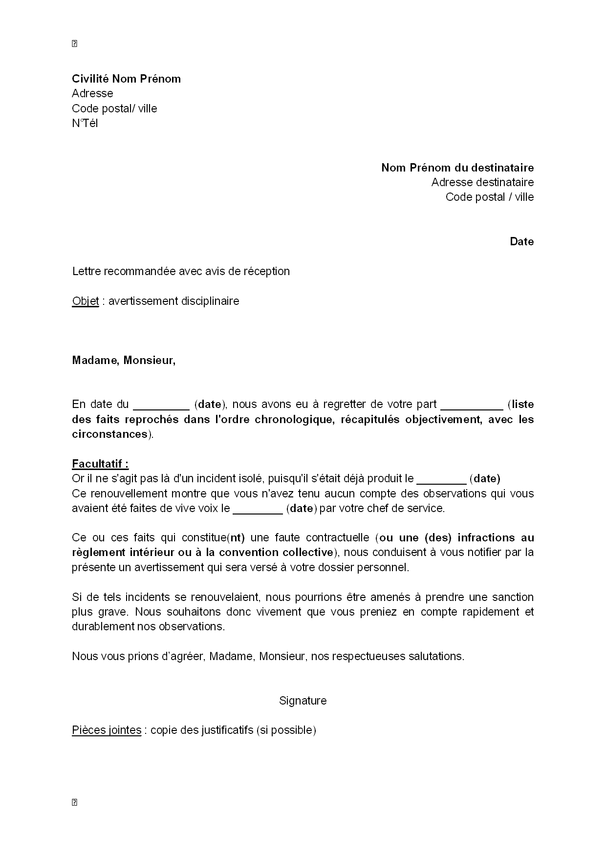 Exemple gratuit de Lettre avertissement disciplinaire salarié