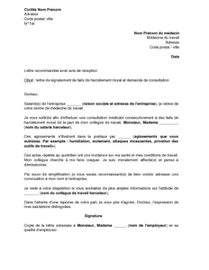 Exemple Gratuit De Lettre Un Salarie Victime Harcelement Moral Part Un Collegue Medecin Travail