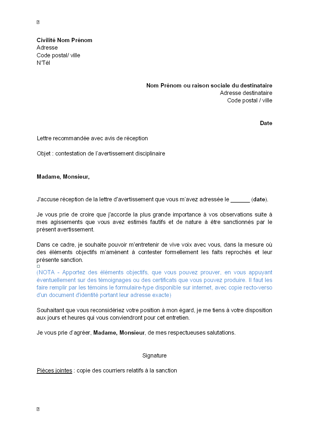 Exemple gratuit de Lettre contestation un avertissement 