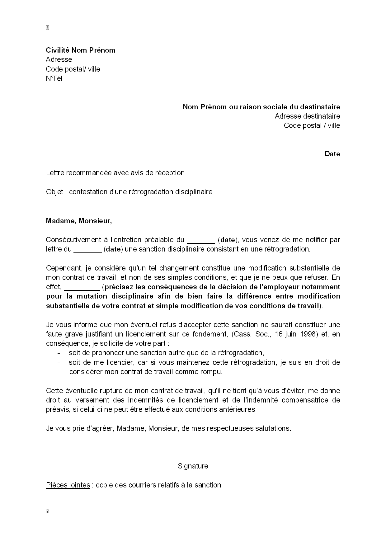 modèle lettre contestation mise à pied conservatoire