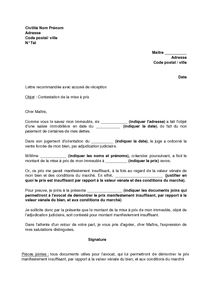 Lettre de contestation de la mise à prix de l'immeuble 