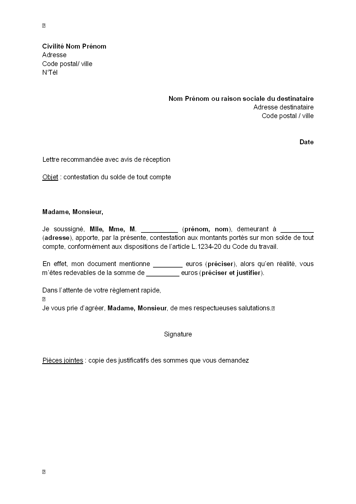 lettre réclamation solde de tout compte