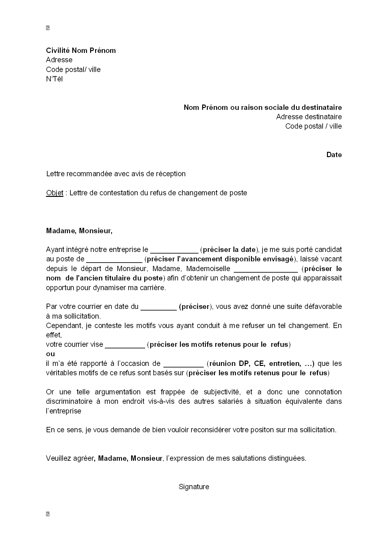 Lettre de contestation, par le salarié, du refus de 