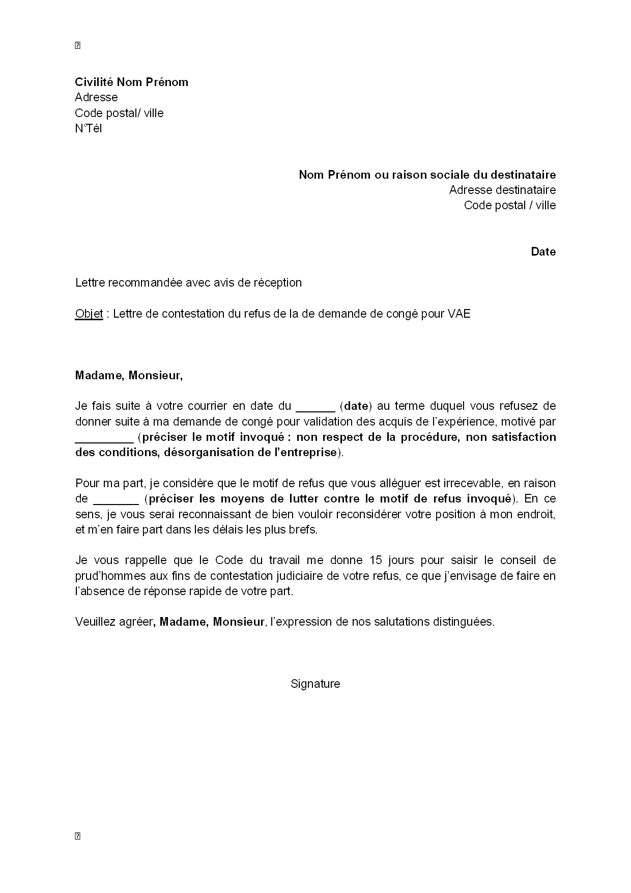 Exemple gratuit de Lettre contestation, par salarié, refus 