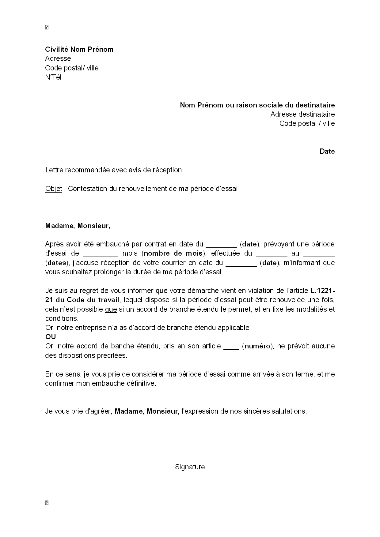 Lettre acceptation renouvellement periode d