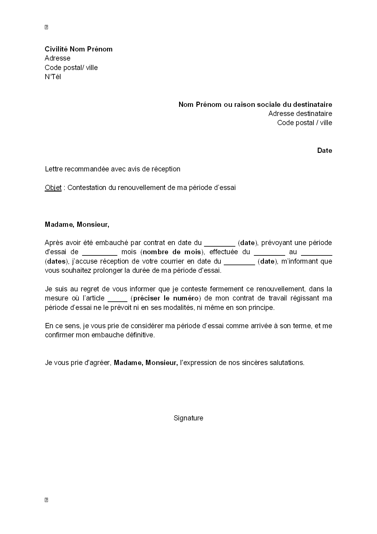 Lettre De Contestation Par Le Salarie Du Renouvellement De Sa Periode D Essai Renouvellement Non Prevu Par Le Contrat Modele De Lettre Gratuit Exemple De Lettre Type Documentissime