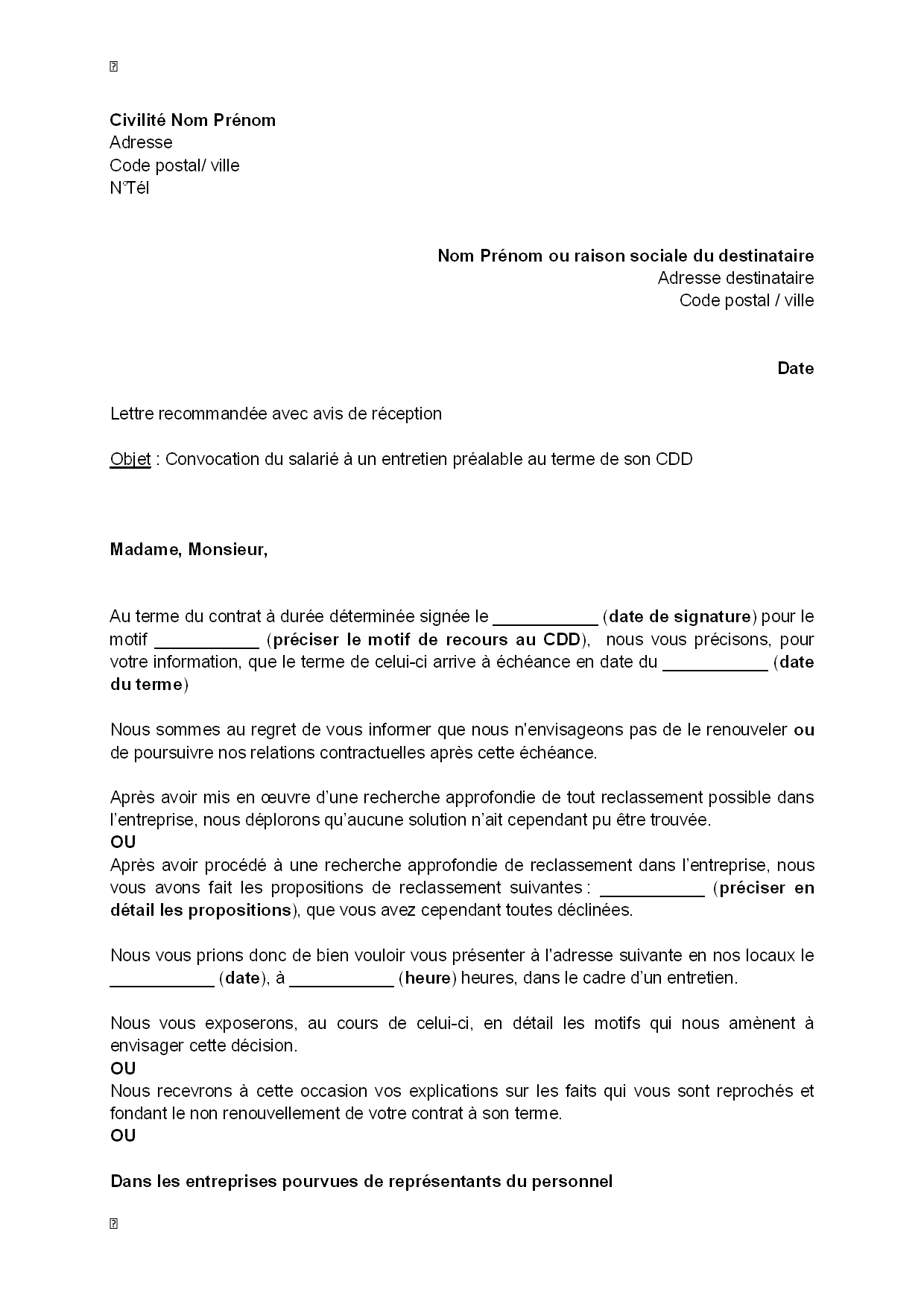 Exemple gratuit de Lettre convocation salarié à entretien 