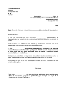 Lettre de demande d'adhésion à une association de défense 