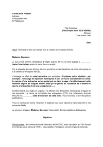 Lettre de demande d'aide à la reprise ou à la création d 