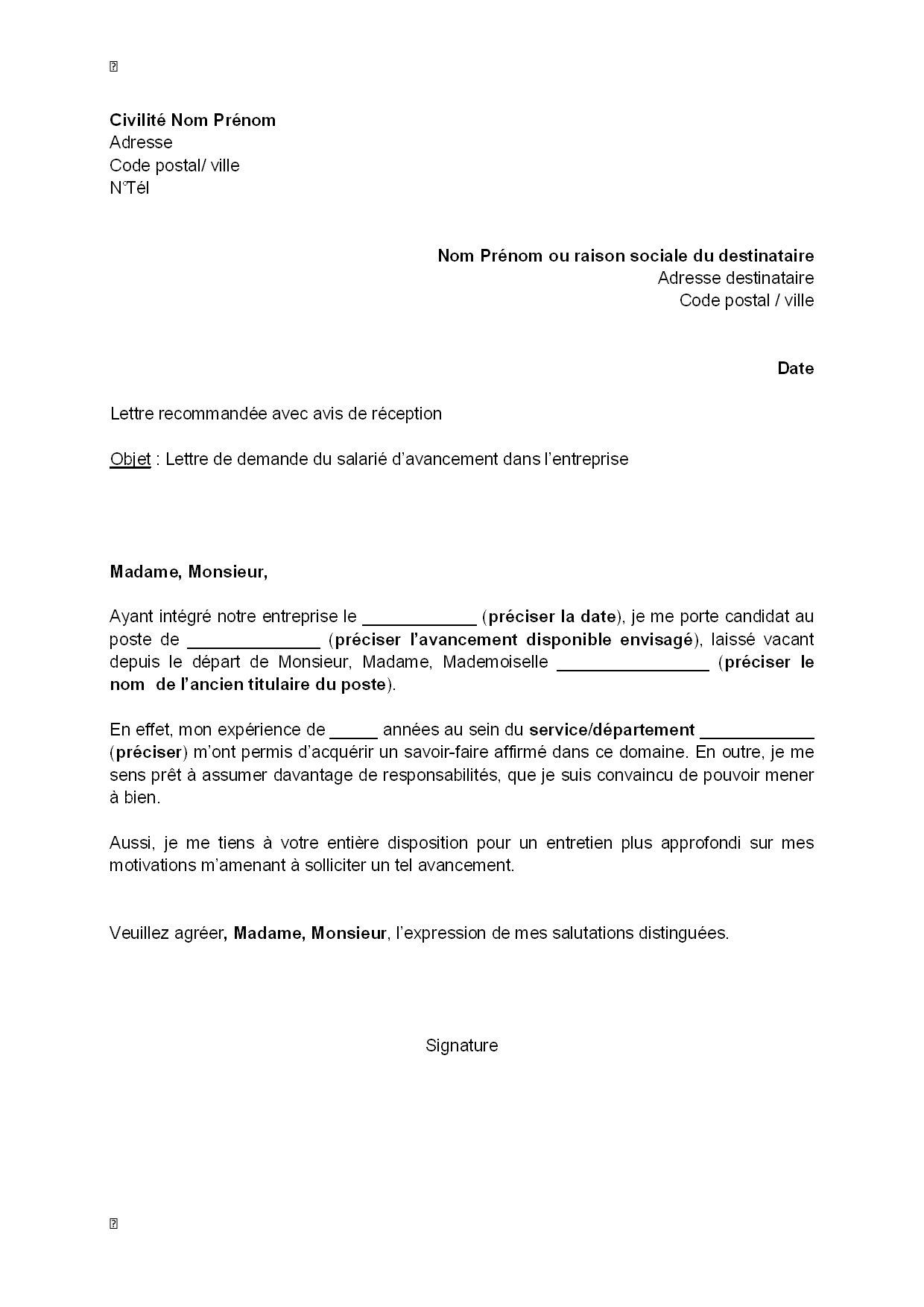 Lettre de demande d'avancement dans l'entreprise par le 