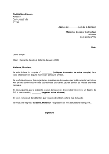 Lettre de demande d'envoi de relevés d'identité bancaire à 