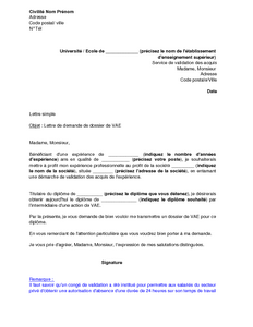 Lettre de demande d'envoi du dossier pour une validation 