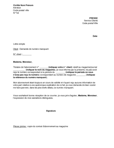 Exemple Gratuit De Lettre Demande Un Numero Presse Magazine Manquant