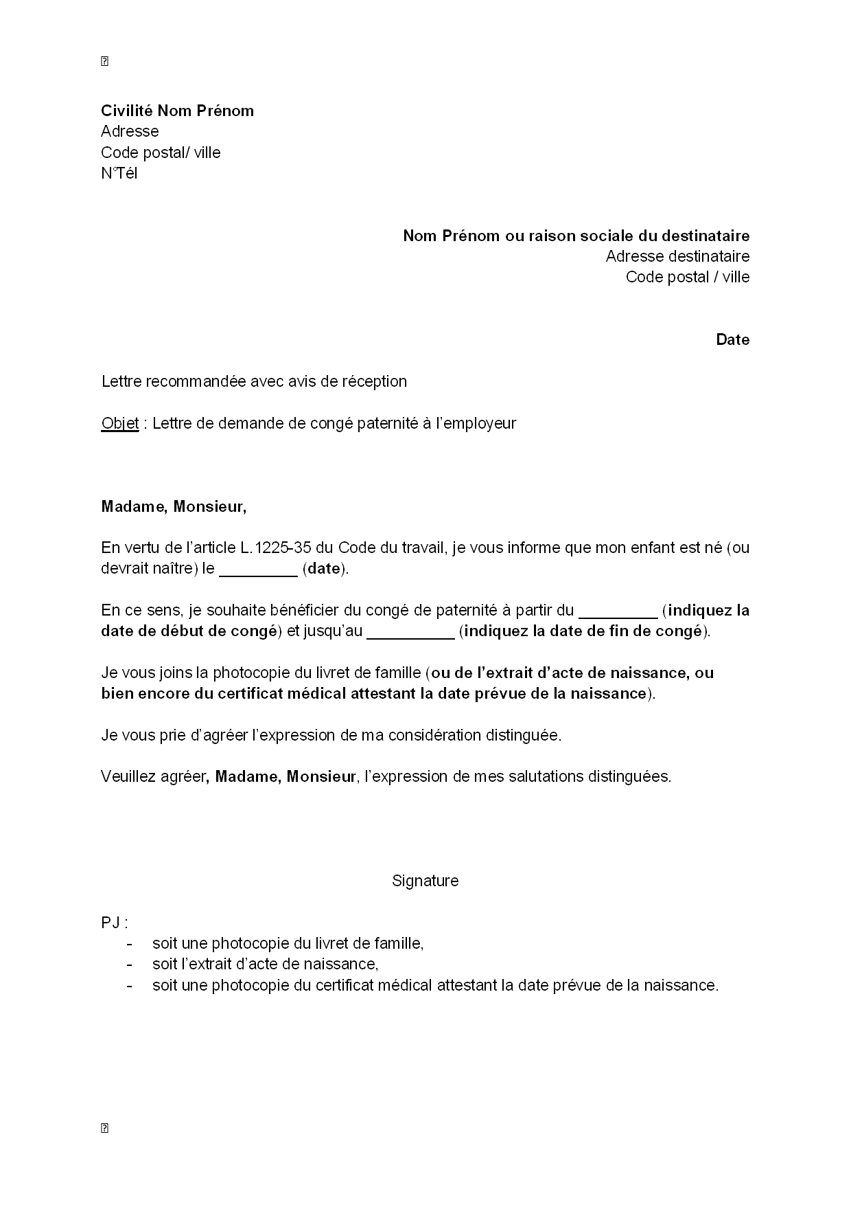 Exemple Lettre Demande Congé Paternité 11 Jours