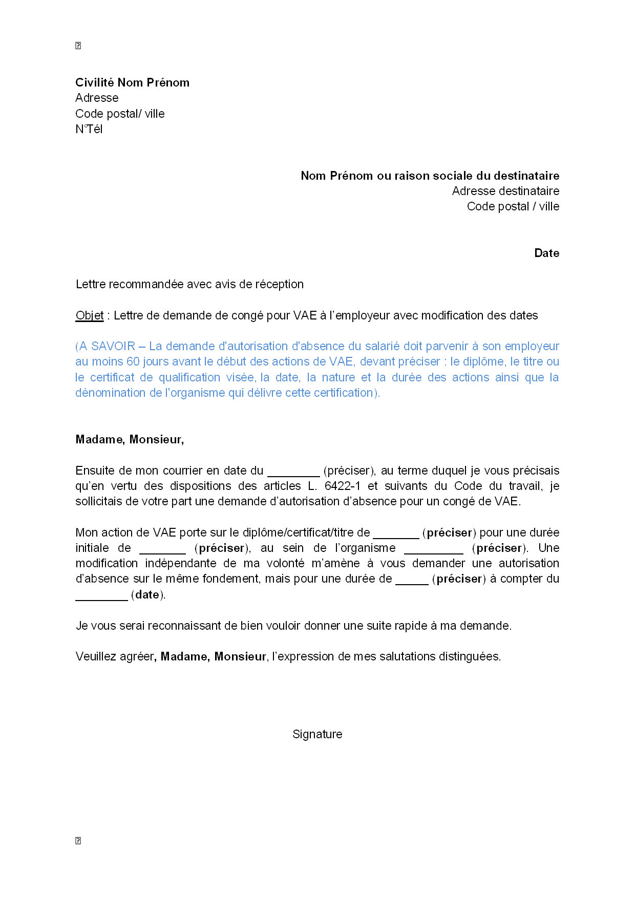 Lettre de demande de congé pour VAE à l'employeur avec 