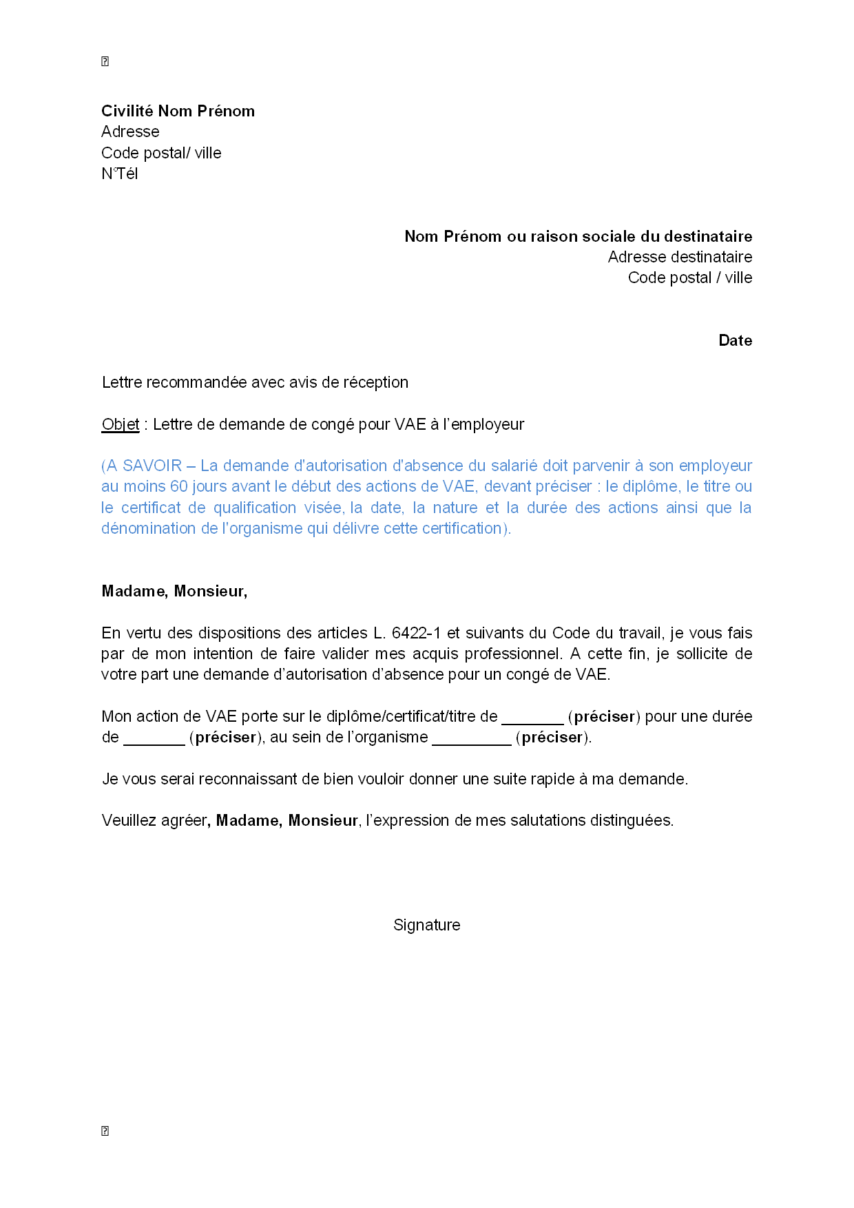 Exemple gratuit de Lettre demande congé VAE à employeur