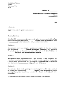 Exemple gratuit de Lettre demande dérogation à carte 