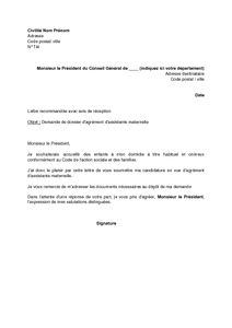 Lettre de demande de dossier d'agrément d'assistante 