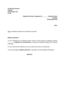 Exemple gratuit de Lettre demande dossier Garantie Loca-Pass