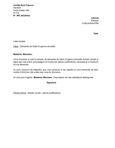 Exemple gratuit de Lettre demande aide urgence annuelle CROUS