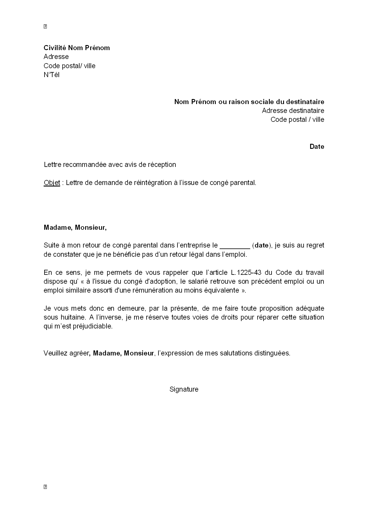 Exemple Gratuit De Lettre Demande R int gration Issue Cong Parental