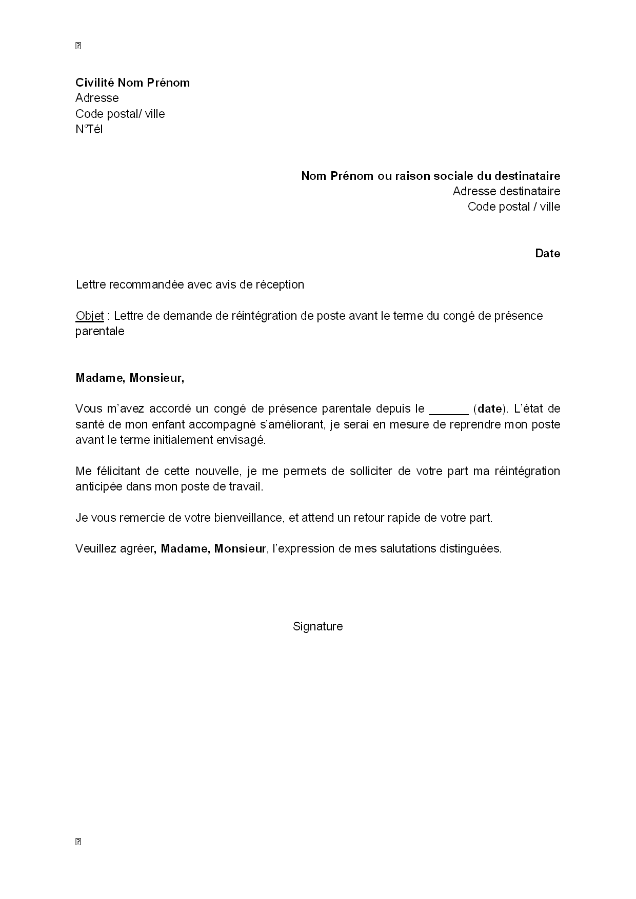 Exemple gratuit de Lettre demande réintégration anticipée 