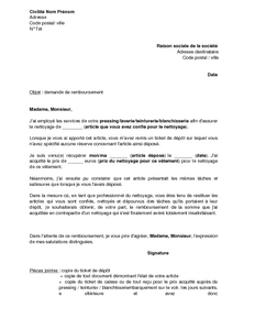 Exemple gratuit de Lettre demande remboursement pressing 