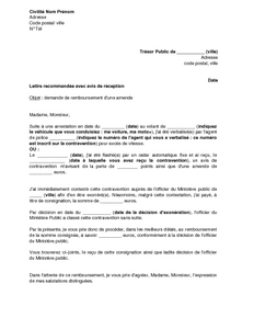 Exemple gratuit de Lettre demande remboursement une amende 