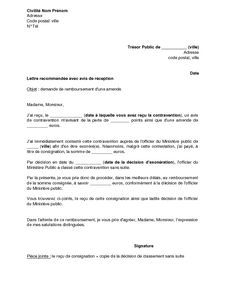 Lettre de demande de remboursement d'une amende après 