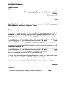 Lettre de demande de signification de la vente d'un fonds 