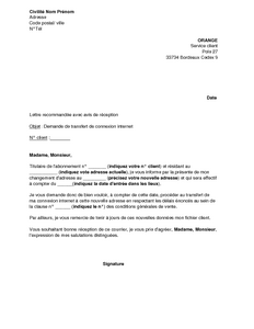 Lettre de demande de transfert de connexion internet 