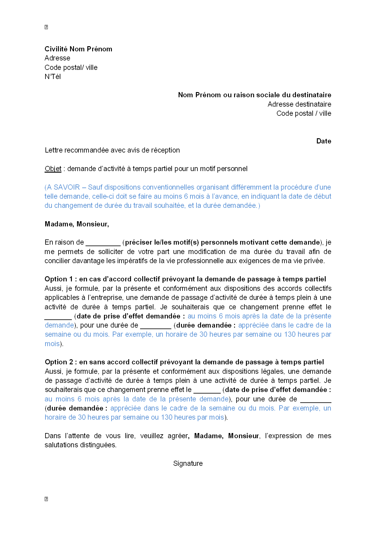 Lettre de demande, par le salarié, d'activité à temps 