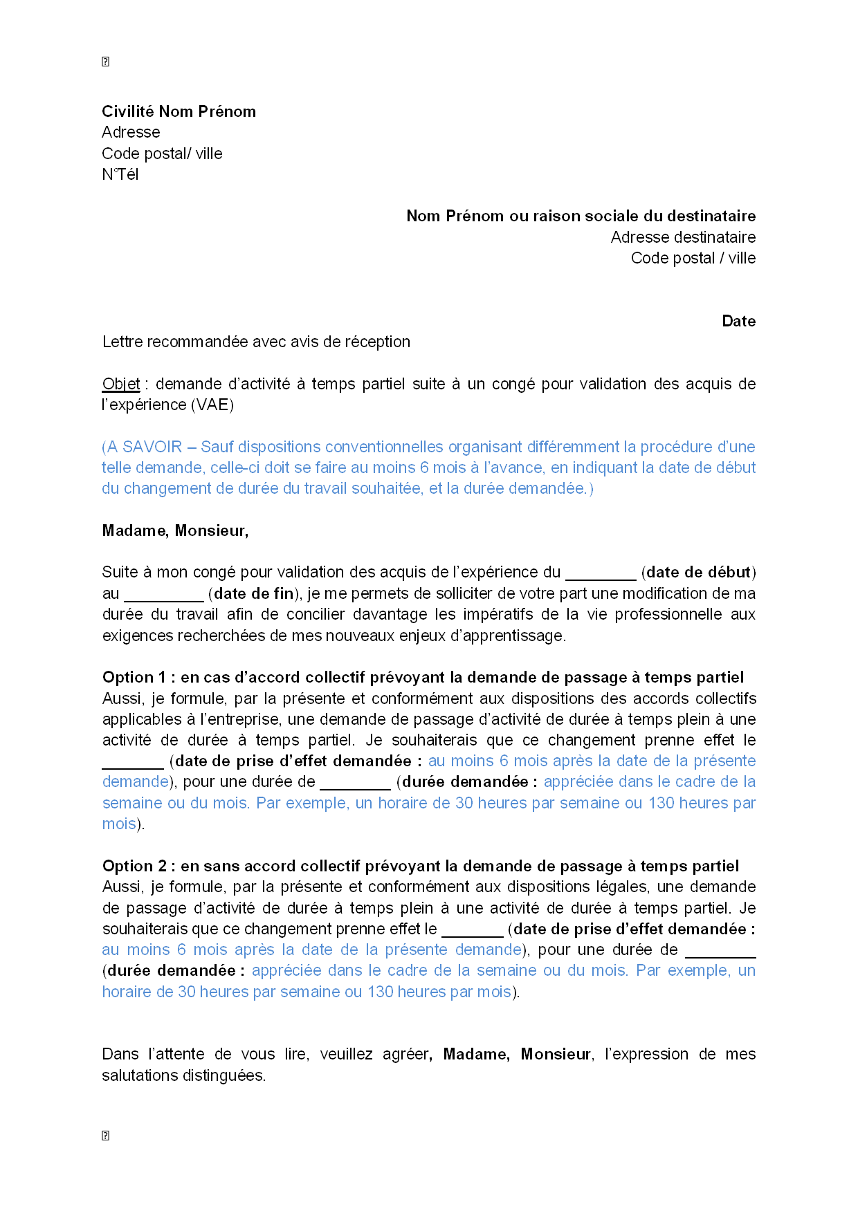 Lettre de demande, par le salarié, d'activité à temps 