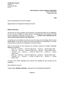 Lettre changement horaire de travail par l